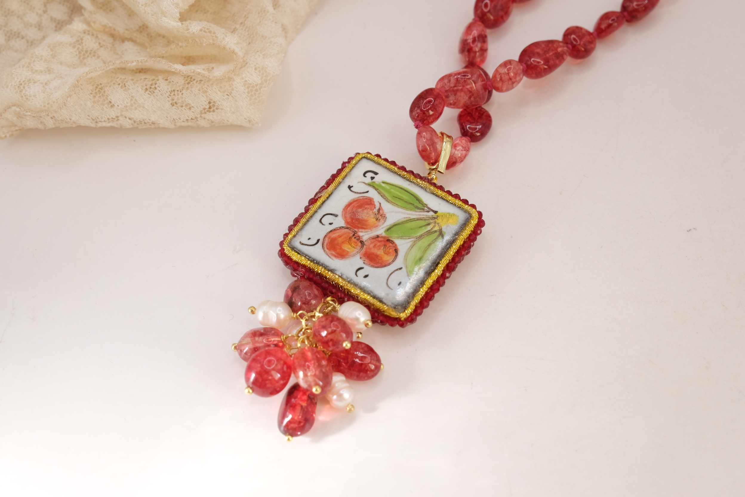 COLLANA TORMALINE ROSA DOPPIA MATTONELLA CERAMICA DI CALTAGIRONE ARTIGIANALE SICILIANA (5)