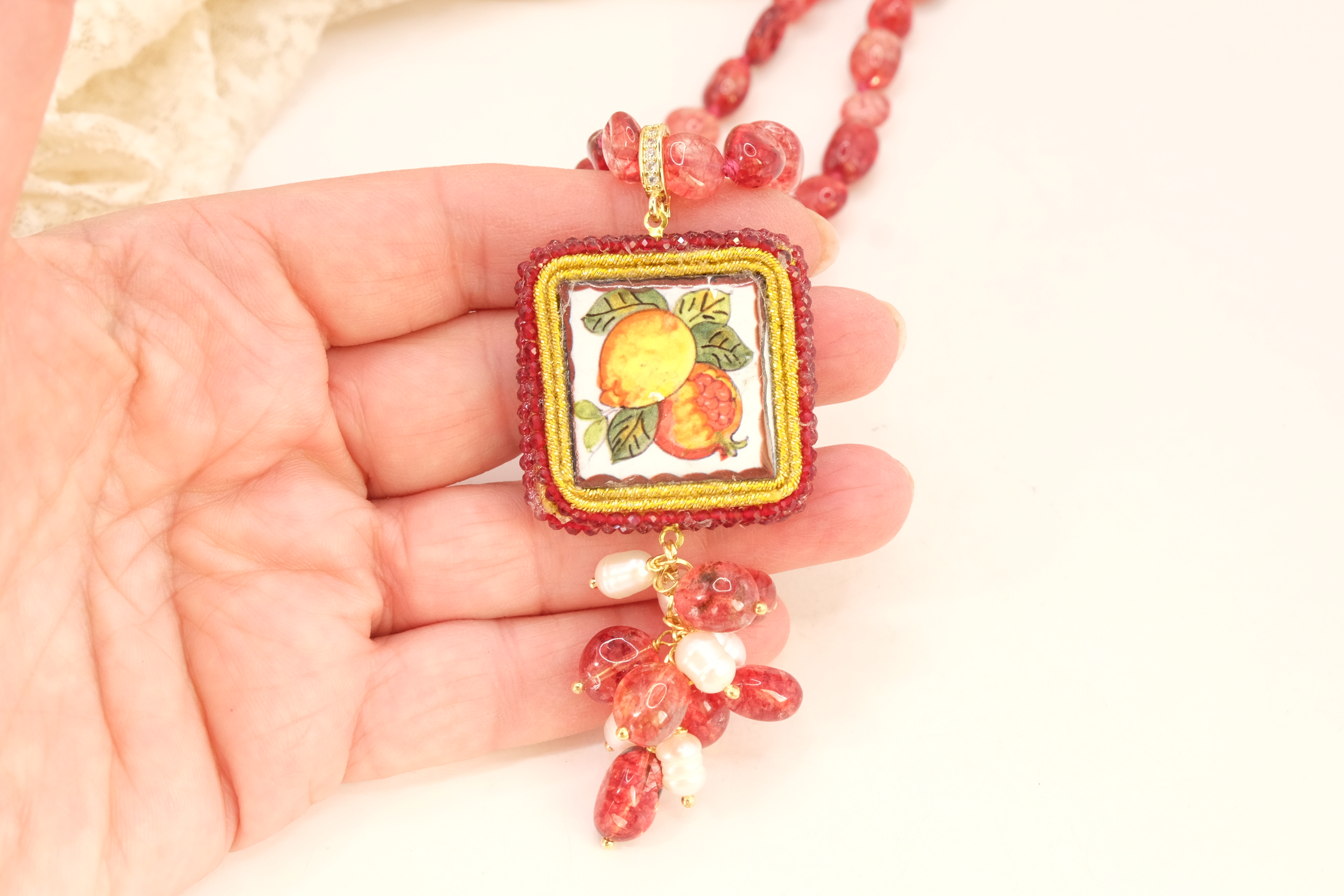 COLLANA TORMALINE ROSA DOPPIA MATTONELLA CERAMICA DI CALTAGIRONE ARTIGIANALE SICILIANA (6)