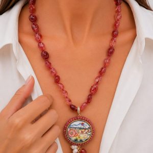 Collana Ciondolo Ceramica di Caltagirone Doppia Tormaline Rosa Etna Carretto