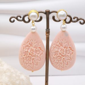 Orecchini Goccia Cammeo Ceramica di Caltagirone Fiori Perle Rosa