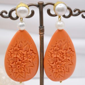 Orecchini Goccia Cammeo Ceramica di Caltagirone Fiori Perle Salmone