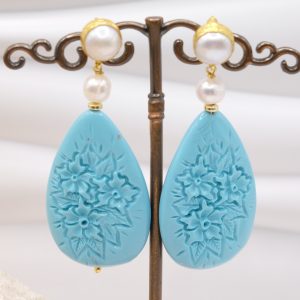 Orecchini Goccia Cammeo Ceramica di Caltagirone Fiori Perle Turchese