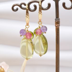 Orecchini Pendenti Ambra Dominicana Verde Giada Ametista Argento 925