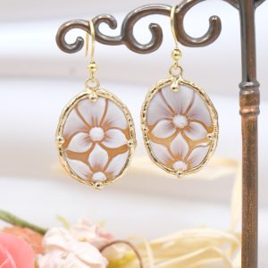 Orecchini Cammeo Ovale Genuino Torre del Greco Fiori Argento Gold