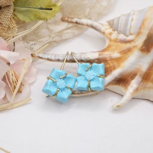 Orecchini Artigianali Pasta di Turchese 4 Fiori Quadrati Argento 925
