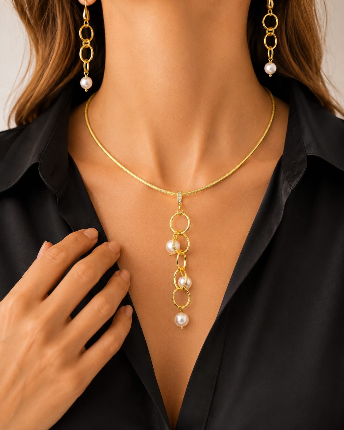 PARURE COLLANA + ORECCHINI OTTONE GALVANIZZATO PERLE ORO 24 KT (2)