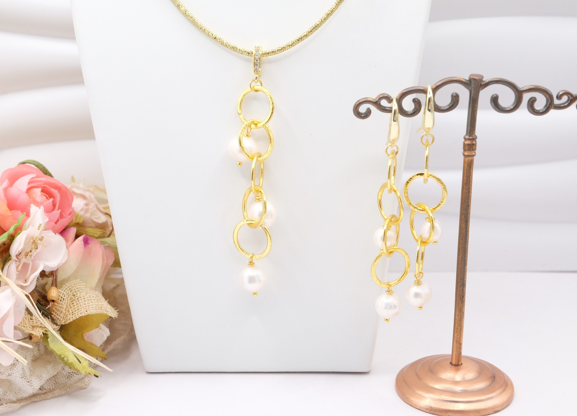 PARURE COLLANA + ORECCHINI OTTONE GALVANIZZATO PERLE ORO 24 KT (2)