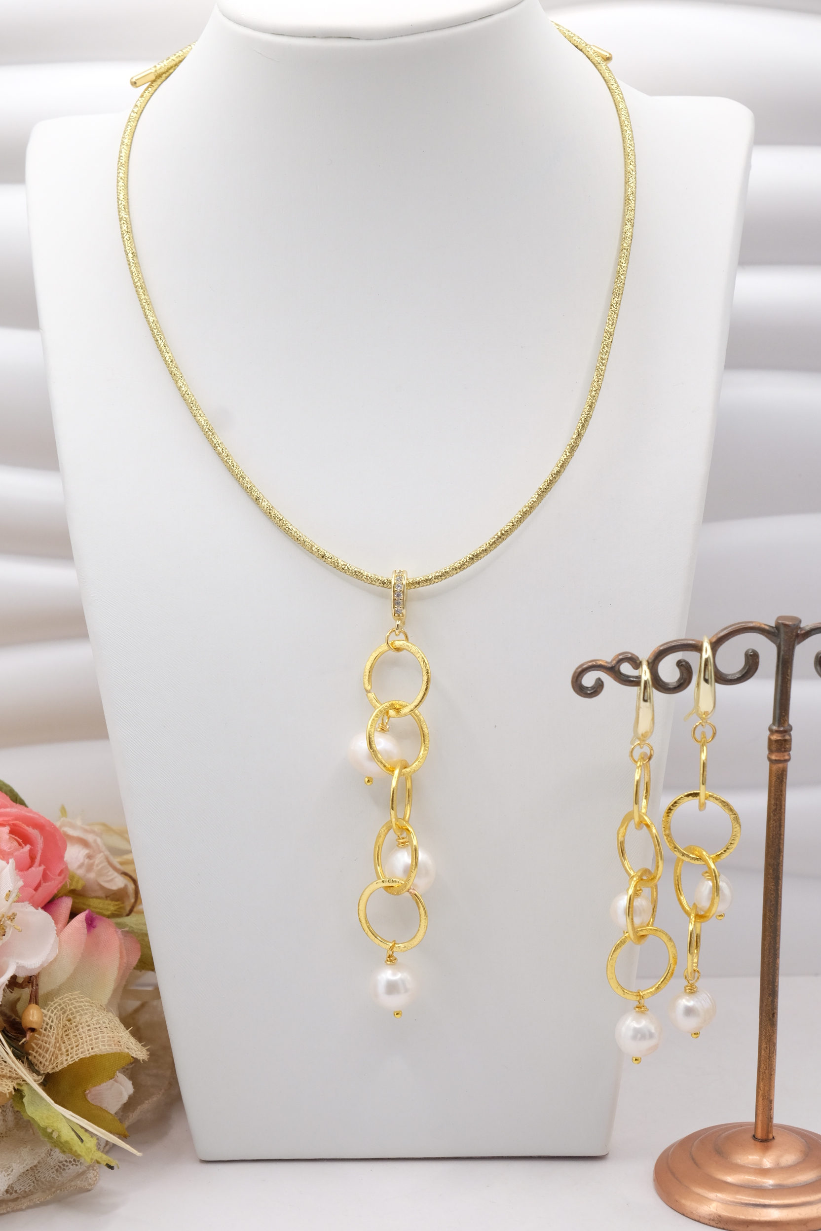 PARURE COLLANA + ORECCHINI OTTONE GALVANIZZATO PERLE ORO 24 KT (3)