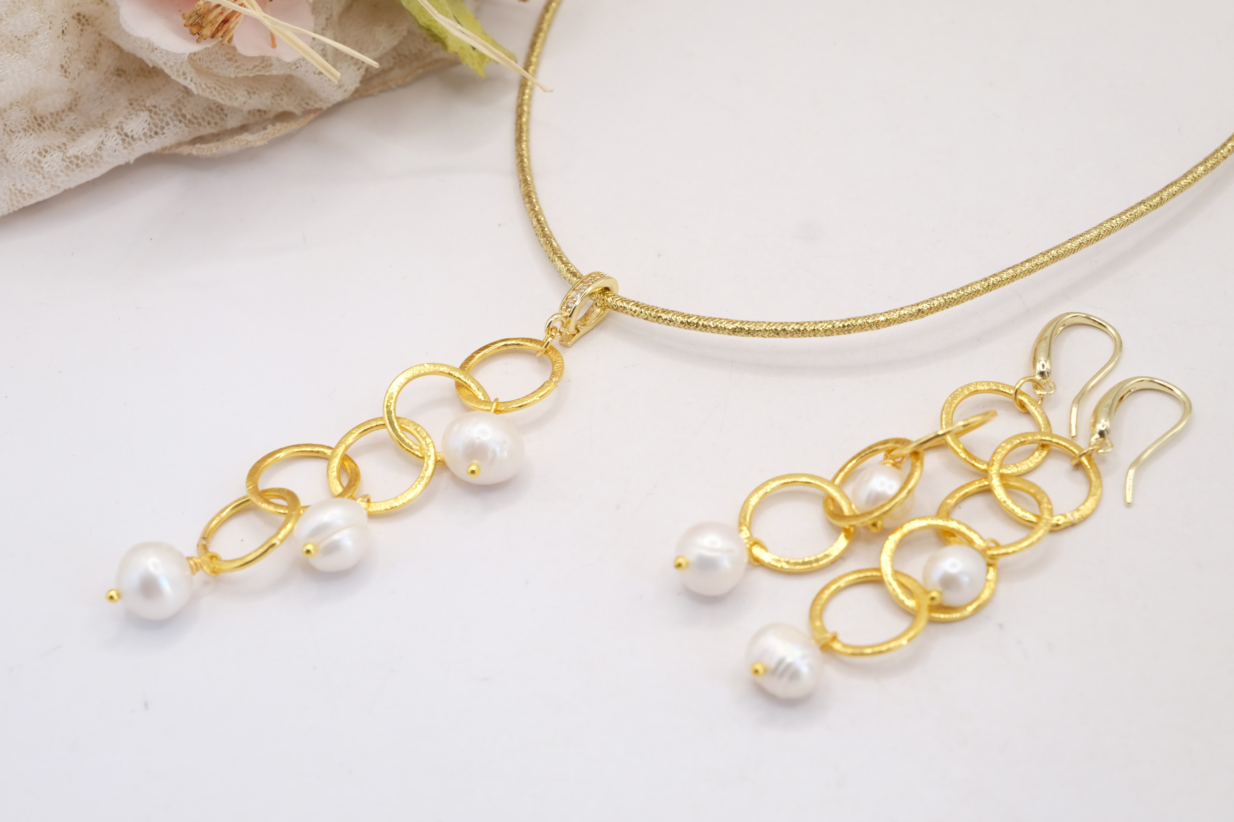 PARURE COLLANA + ORECCHINI OTTONE GALVANIZZATO PERLE ORO 24 KT (4)