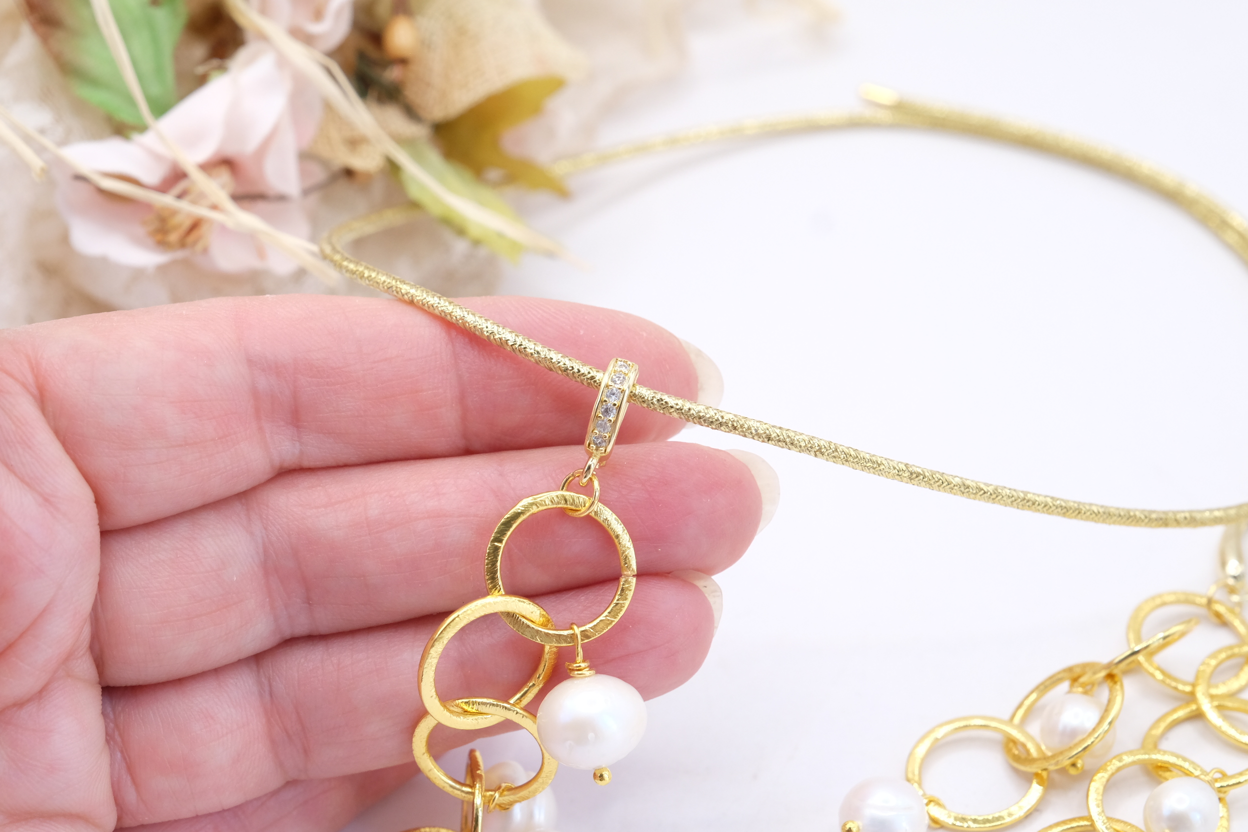 PARURE COLLANA + ORECCHINI OTTONE GALVANIZZATO PERLE ORO 24 KT (7)