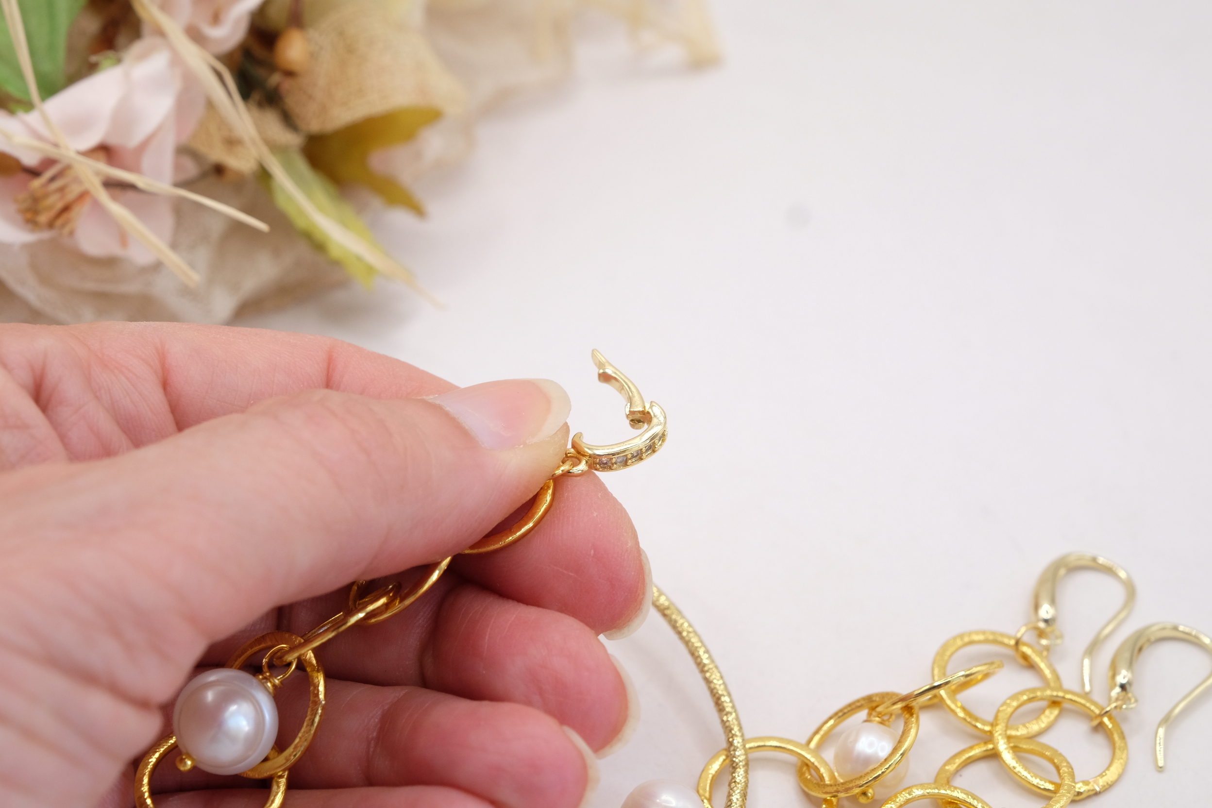 PARURE COLLANA + ORECCHINI OTTONE GALVANIZZATO PERLE ORO 24 KT (8)