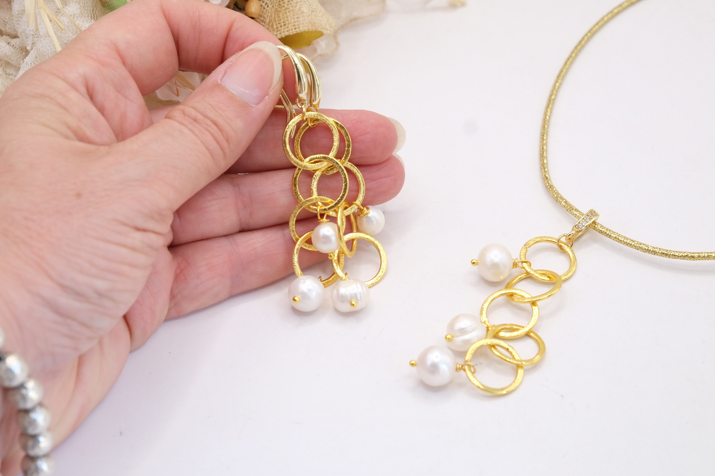 PARURE COLLANA + ORECCHINI OTTONE GALVANIZZATO PERLE ORO 24 KT (9)
