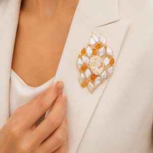 Spilla Grande Artigianale Cammeo Perle Naturali Quarzo Arancio