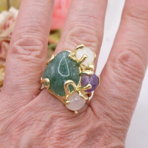 Anello 4 Pietre Fluorite Ametista Cristallo di Rocca Quarzo Rosa Ottone
