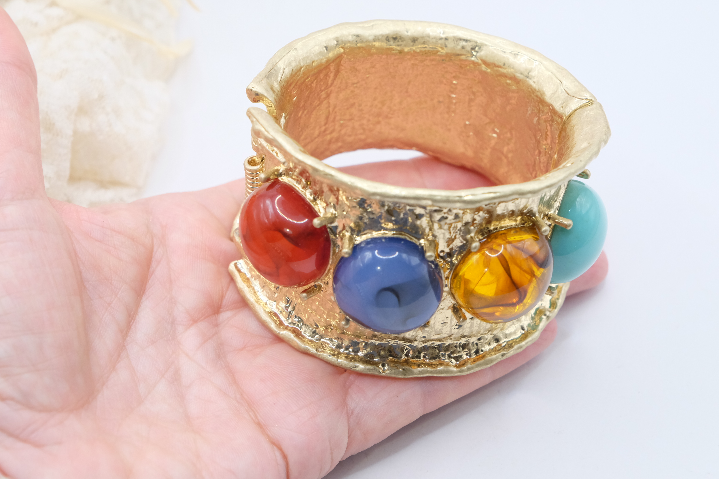 BRACCIALE GIOIELLO RIGIDO ALTO CABOCHON RESINA AMBRA TURCHESE CORNIOLA AGATA BLU (1)