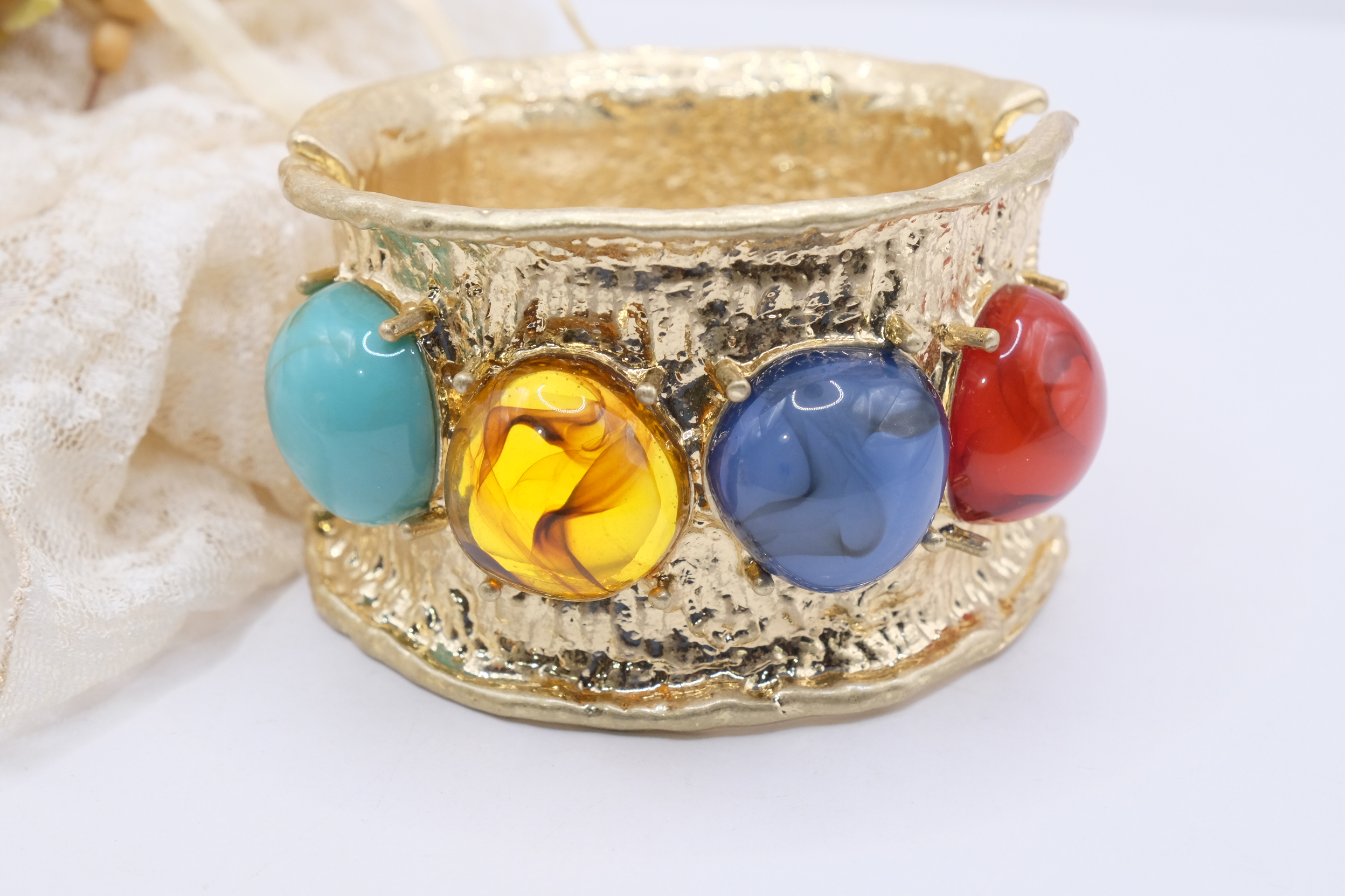 BRACCIALE GIOIELLO RIGIDO ALTO CABOCHON RESINA AMBRA TURCHESE CORNIOLA AGATA BLU (2)