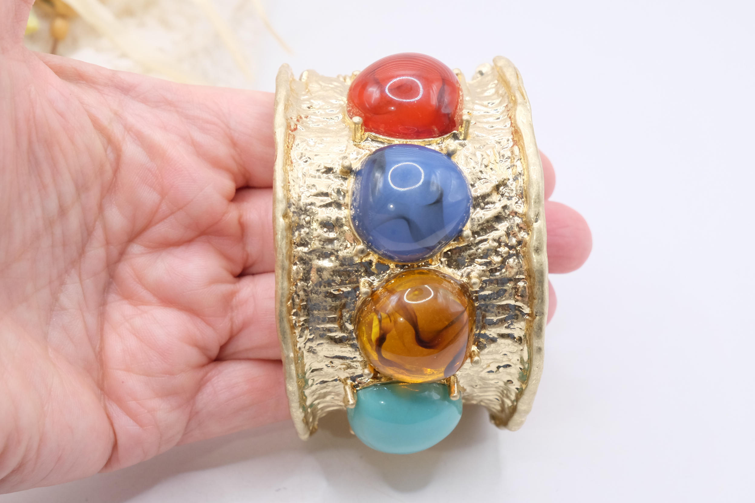BRACCIALE GIOIELLO RIGIDO ALTO CABOCHON RESINA AMBRA TURCHESE CORNIOLA AGATA BLU (5)