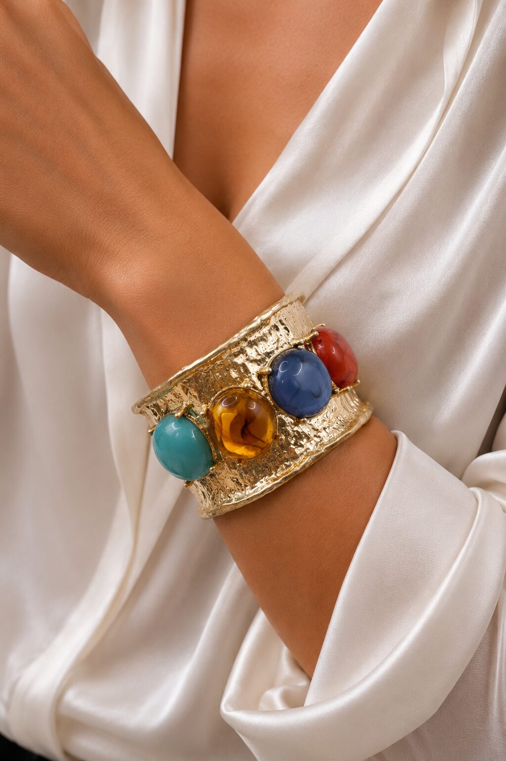 BRACCIALE GIOIELLO RIGIDO ALTO CABOCHON RESINA AMBRA TURCHESE CORNIOLA AGATA BLU