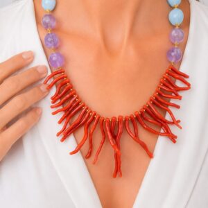 Collana Artigianale Corallo Ametista Acquamarina Argento