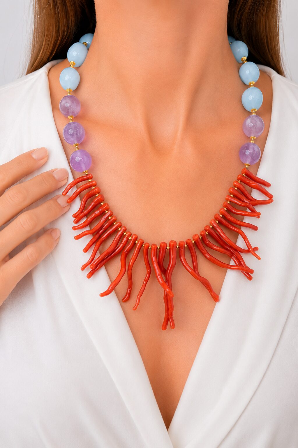 COLLANA ARTIGIANALE ACQUAMARINA AMETISTA CORALLO NATURALE ARGENTO 925 PLACCATO ORO