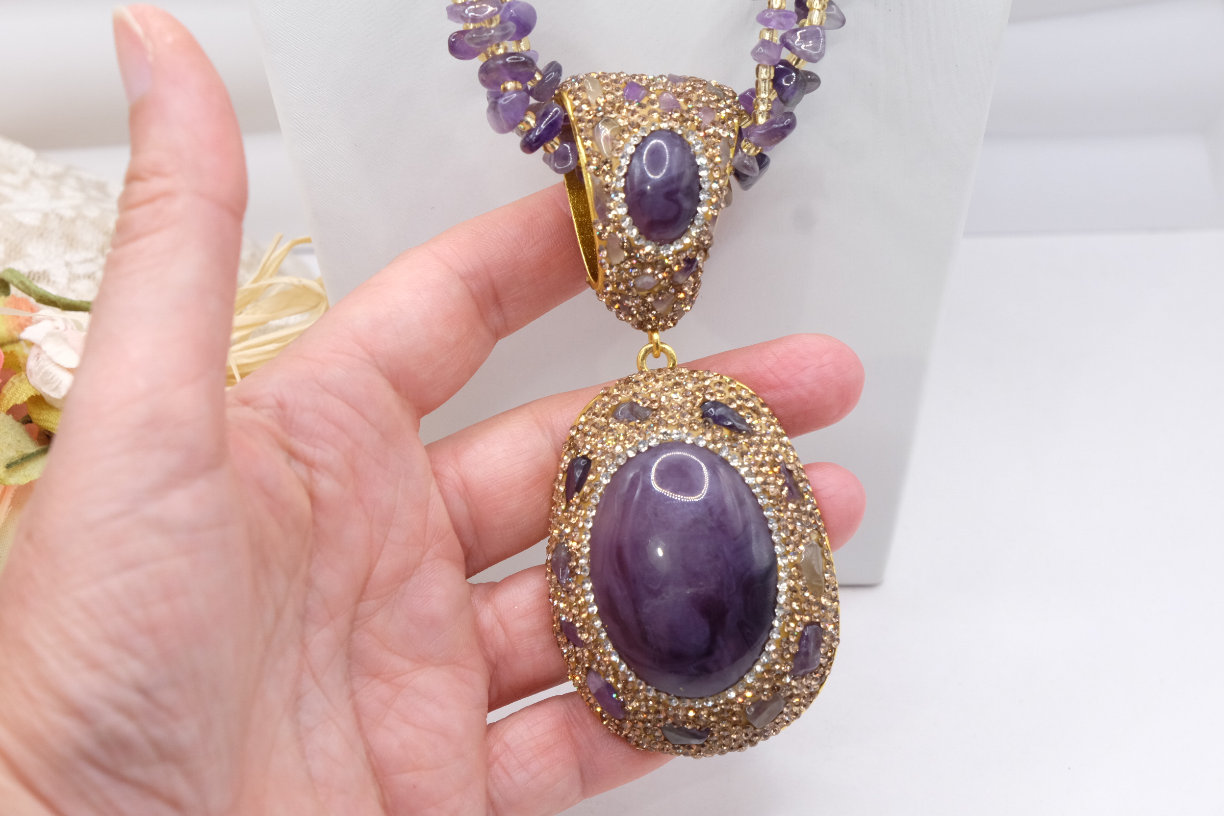 COLLANA ARTIGIANALE AMETISTA MARCASSITI RESINA (3)