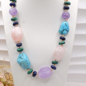 Collana Asimmetrica Turchese Ametista Pietra di Luna Quarzo Rosa Malachite Lapis