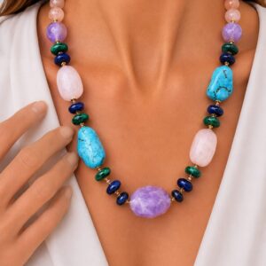 Collana Asimmetrica Turchese Ametista Pietra di Luna Quarzo Rosa Malachite Lapis