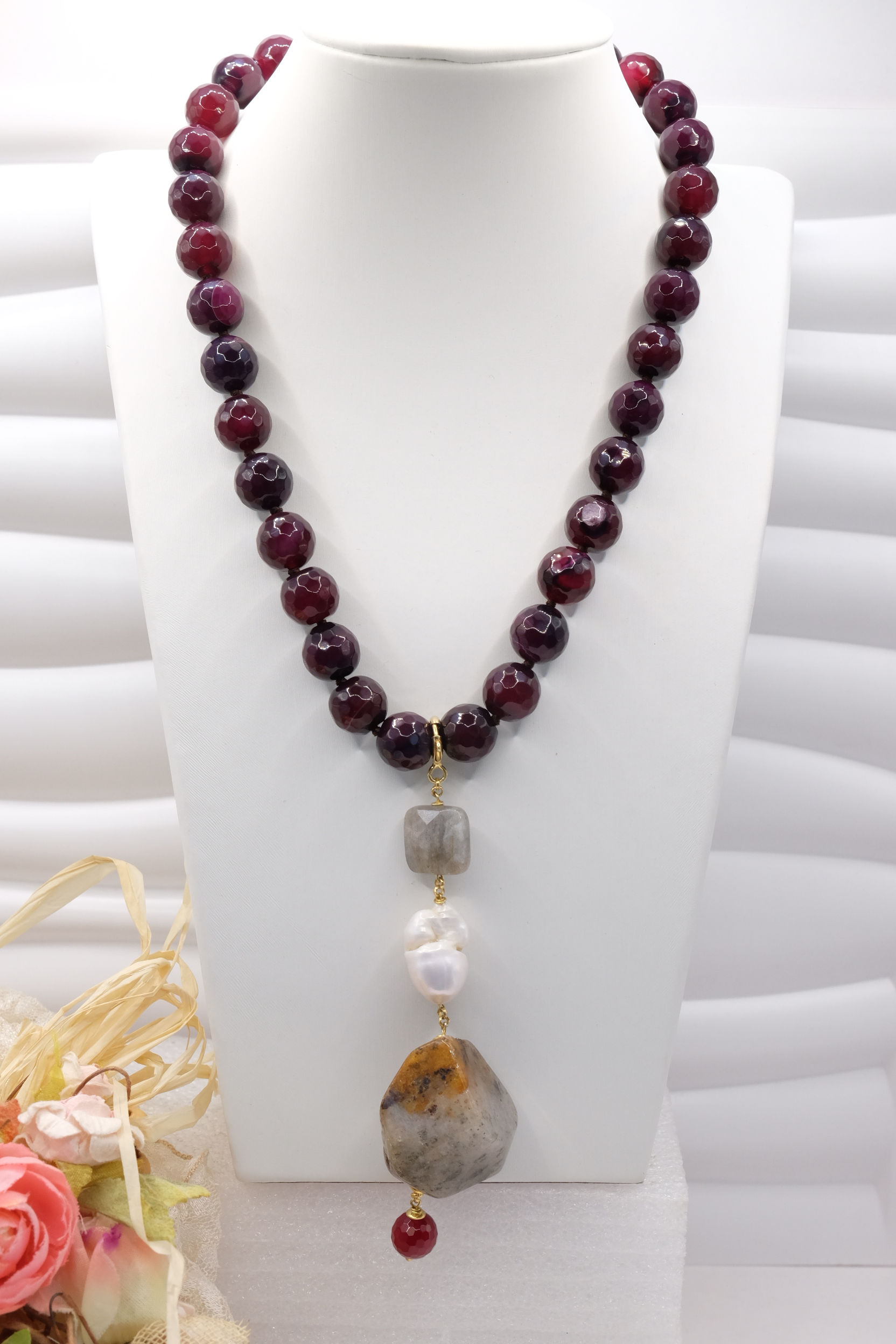 COLLANA ARTIGIANALE CIONDOLO NEPALESE GIADA BORGOGNA PERLA LABRADORITE DIASPRO (2)