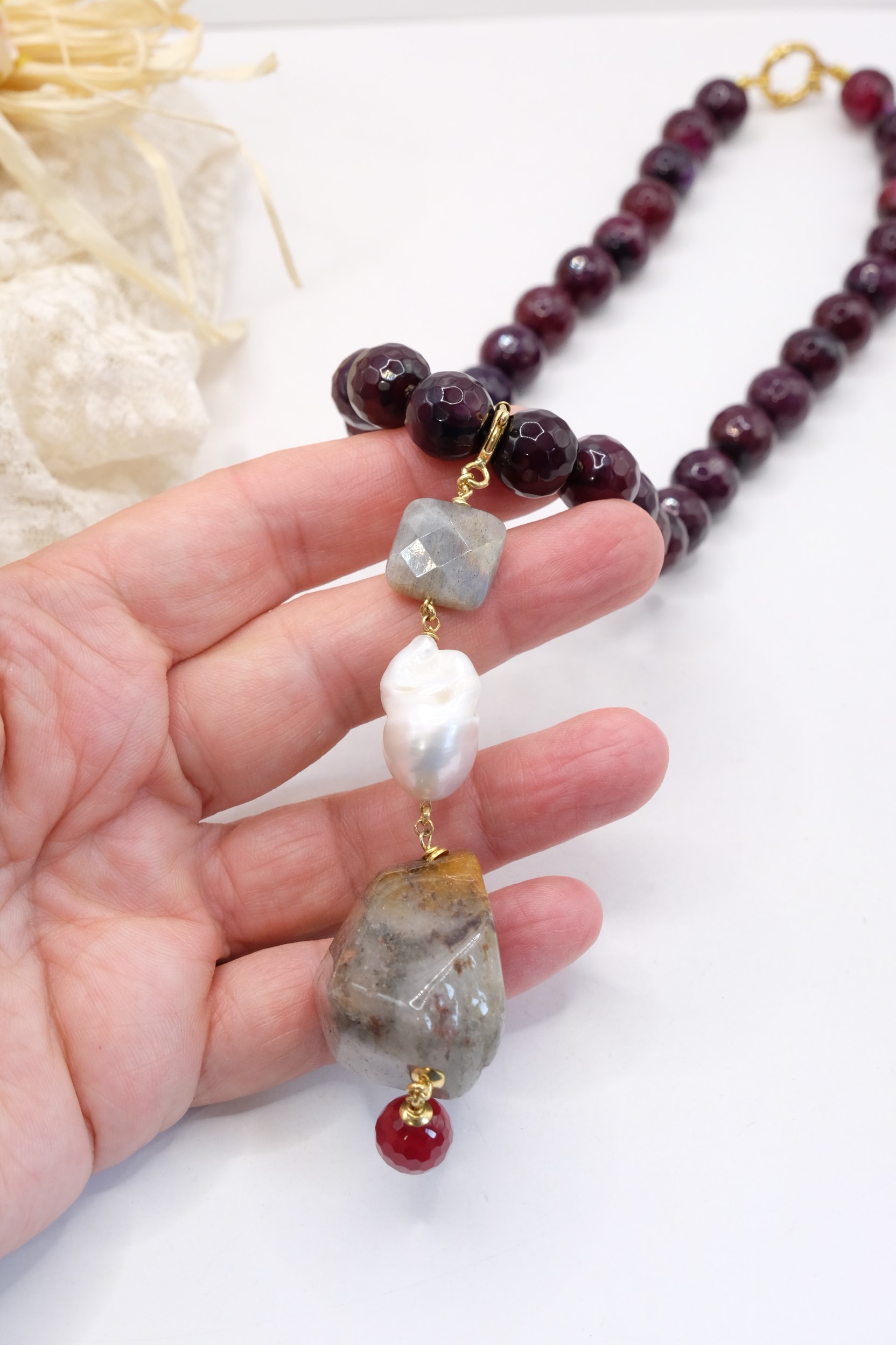COLLANA ARTIGIANALE CIONDOLO NEPALESE GIADA BORGOGNA PERLA LABRADORITE DIASPRO (5)