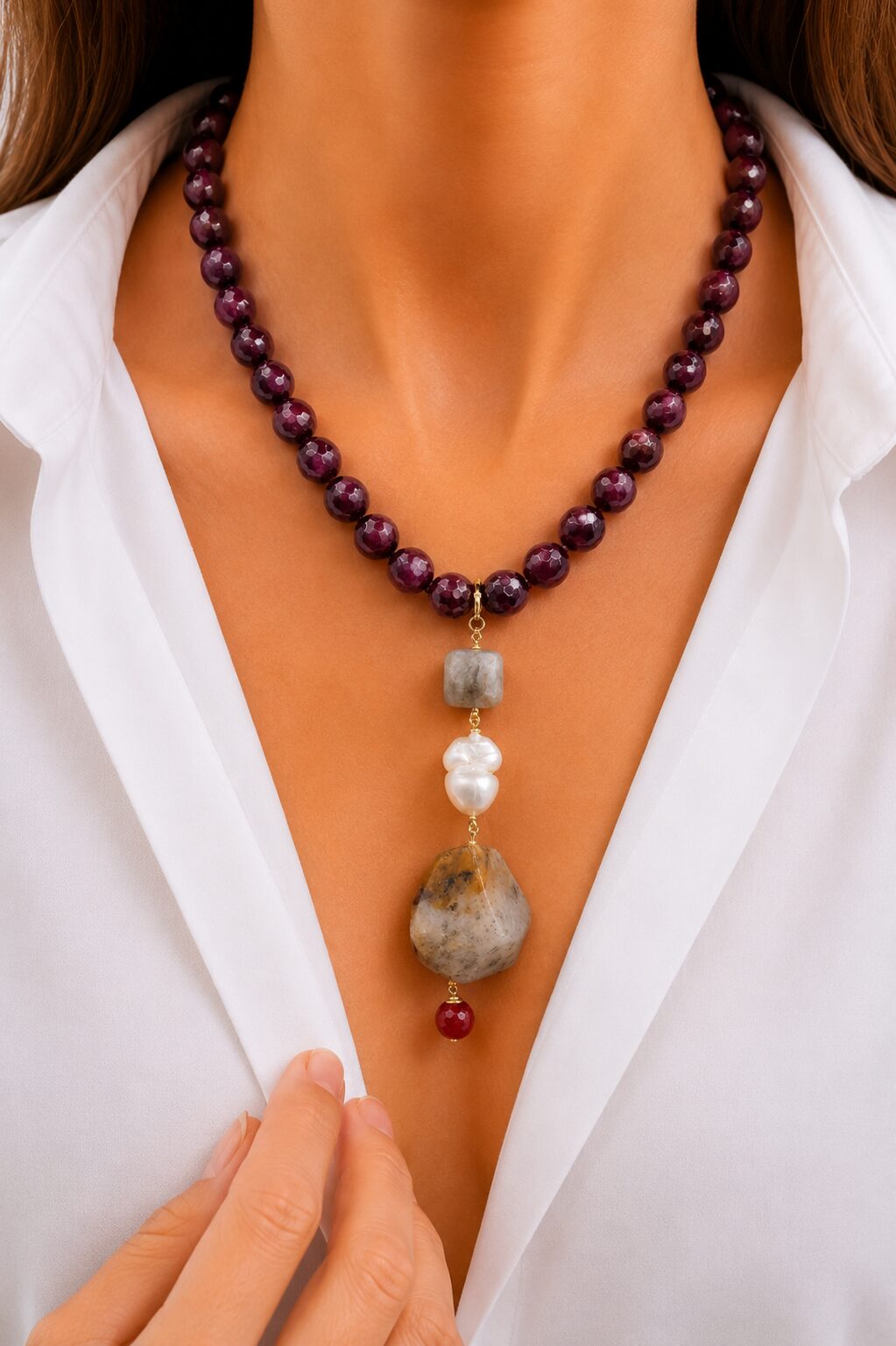 COLLANA ARTIGIANALE CIONDOLO NEPALESE GIADA BORGOGNA PERLA LABRADORITE DIASPRO