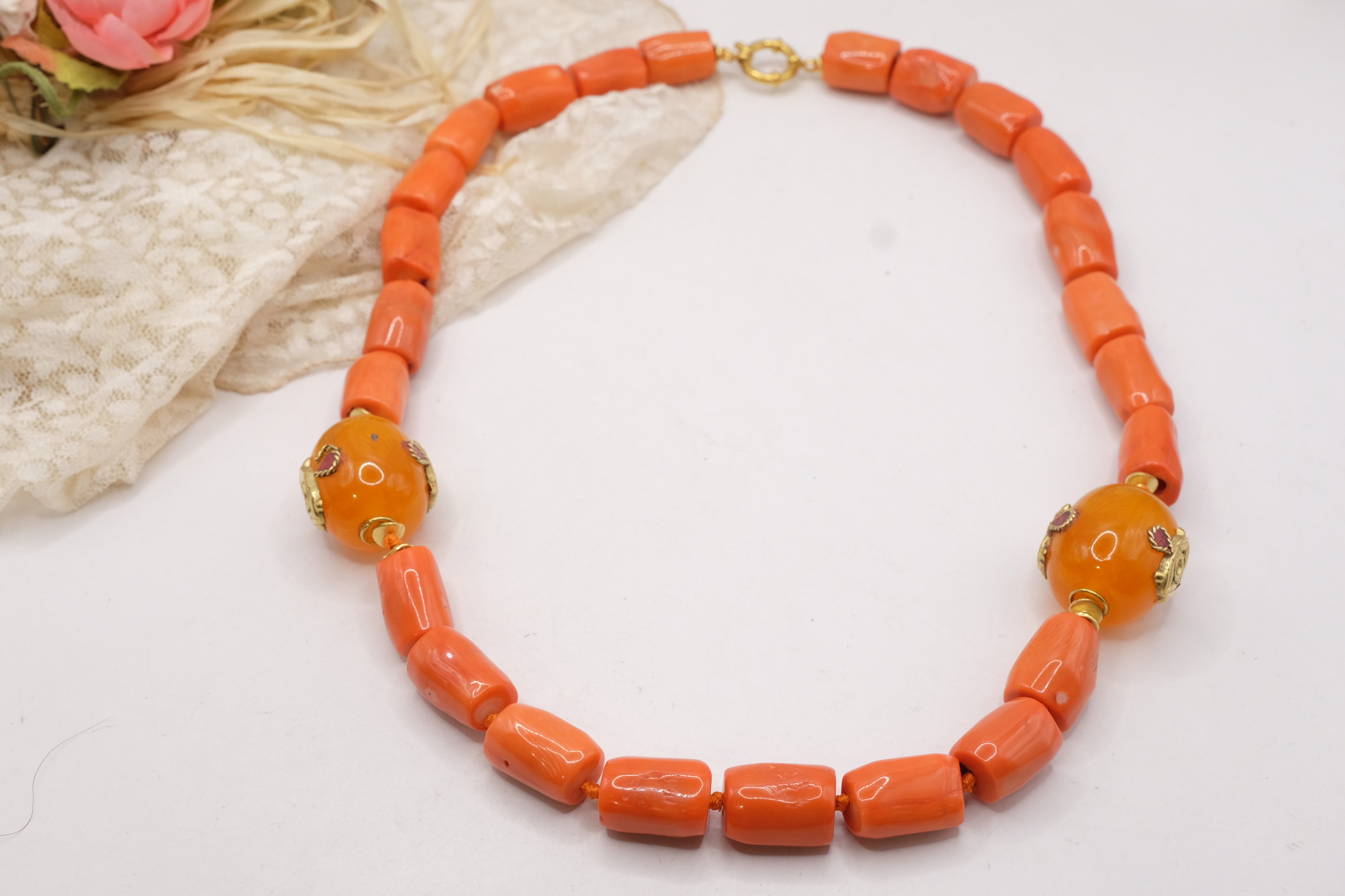 COLLANA ARTIGIANALE CORALLO BAMBOO ELEMENTI NEPALESI ACCIAIO (1)
