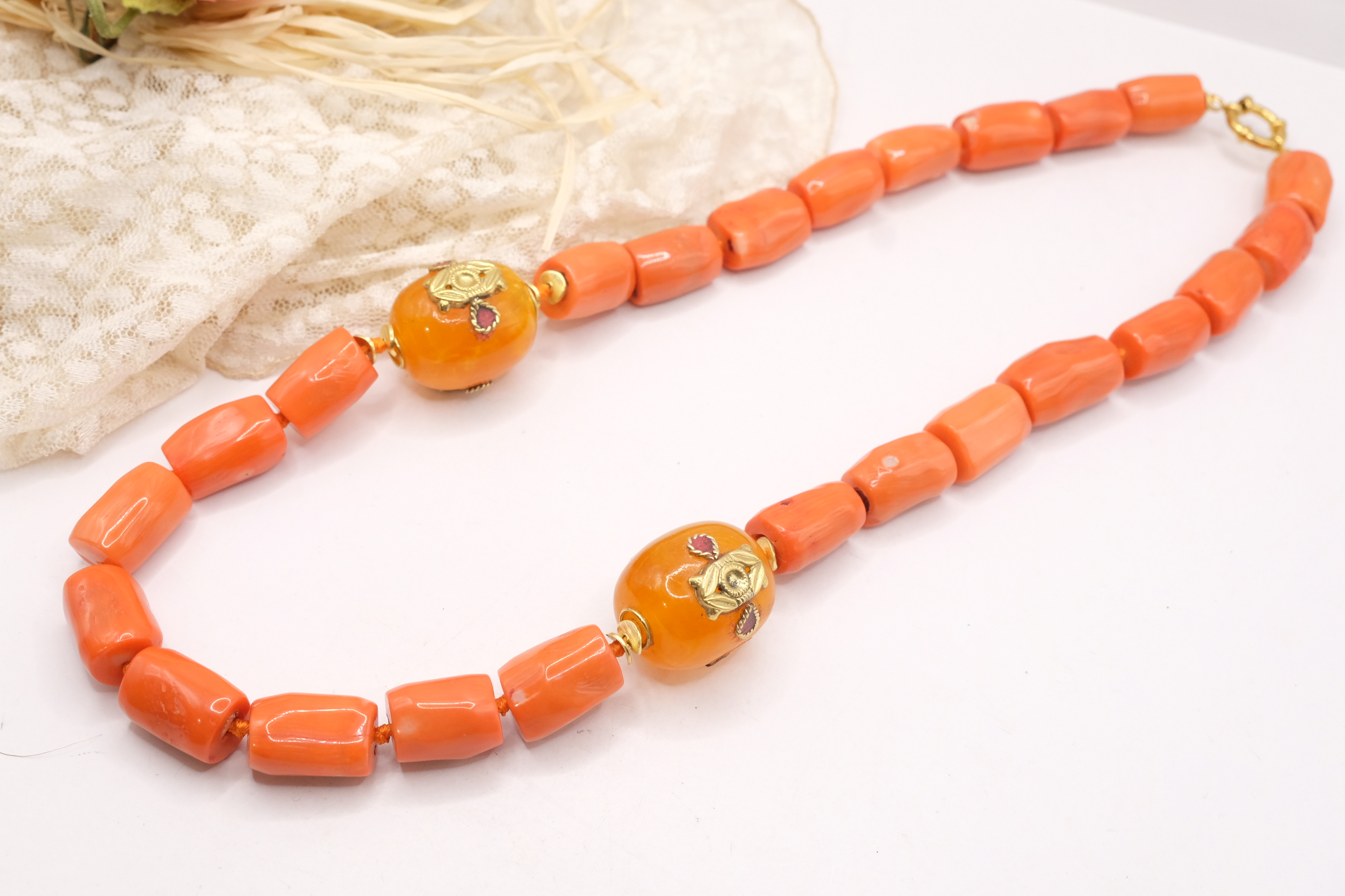 COLLANA ARTIGIANALE CORALLO BAMBOO ELEMENTI NEPALESI ACCIAIO (7)
