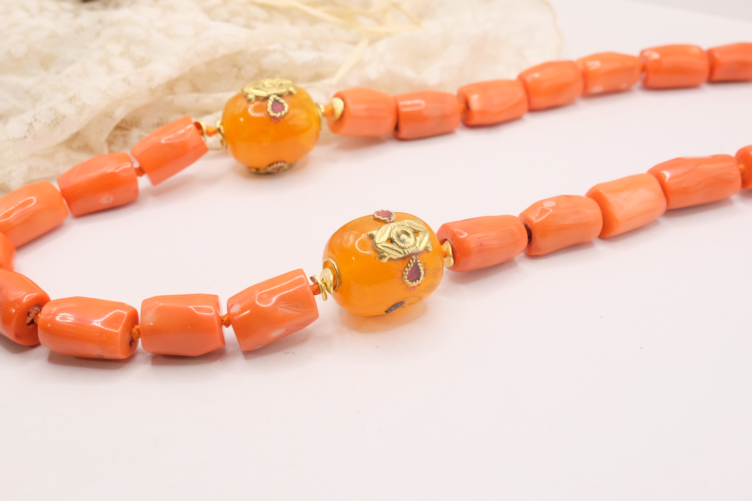 COLLANA ARTIGIANALE CORALLO BAMBOO ELEMENTI NEPALESI ACCIAIO (8)