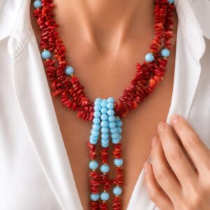 Collana Cascata Corallo Bamboo Pasta di Turchese Ottone Acciaio