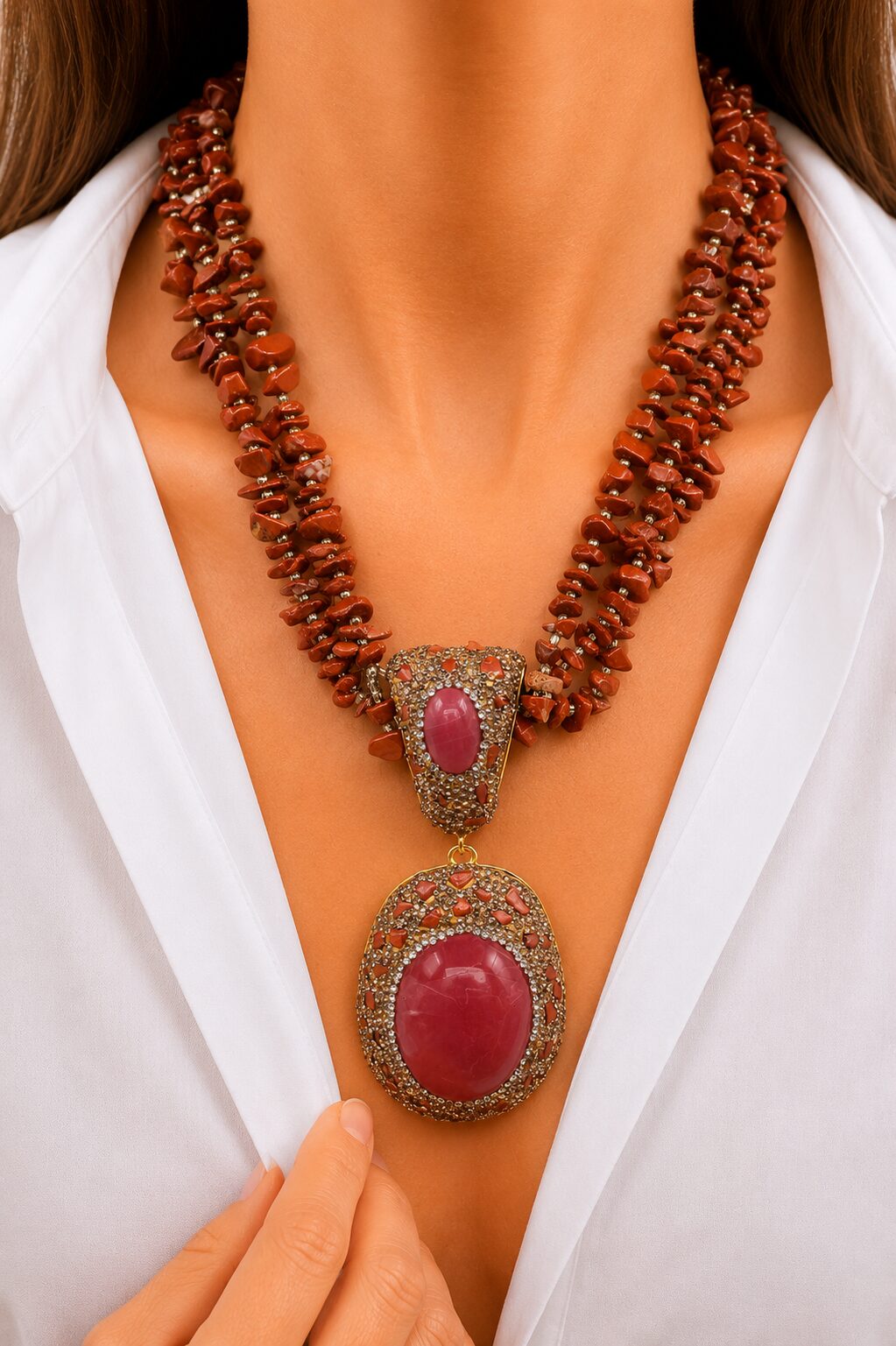 COLLANA ARTIGIANALE DIASPRO IMPERIALE ROSSO MARCASSITI RESINA