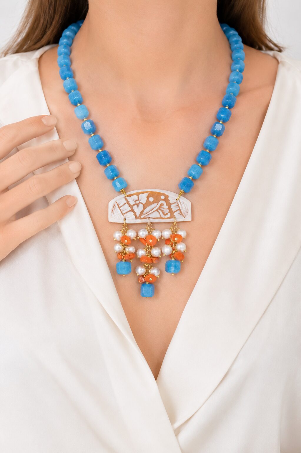 COLLANA ARTIGIANALE GIADA BLU COBALTO PERLE CORALLO CAMMEO DI TORRE DEL GRECO ARGENTO PLACCATO ORO
