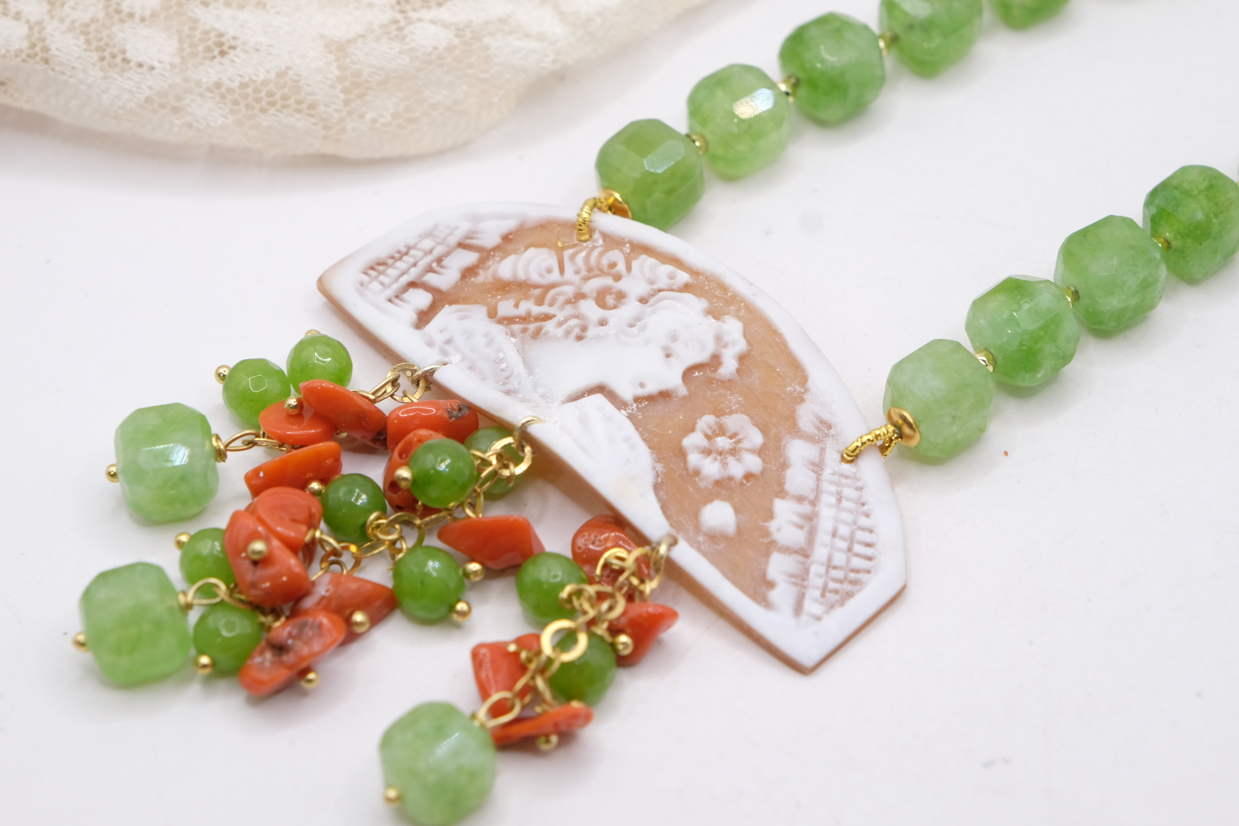 COLLANA ARTIGIANALE GIADA VERDE MELA CORALLO CAMMEO DI TORRE DEL GRECO ARGENTO PLACCATO ORO (10)