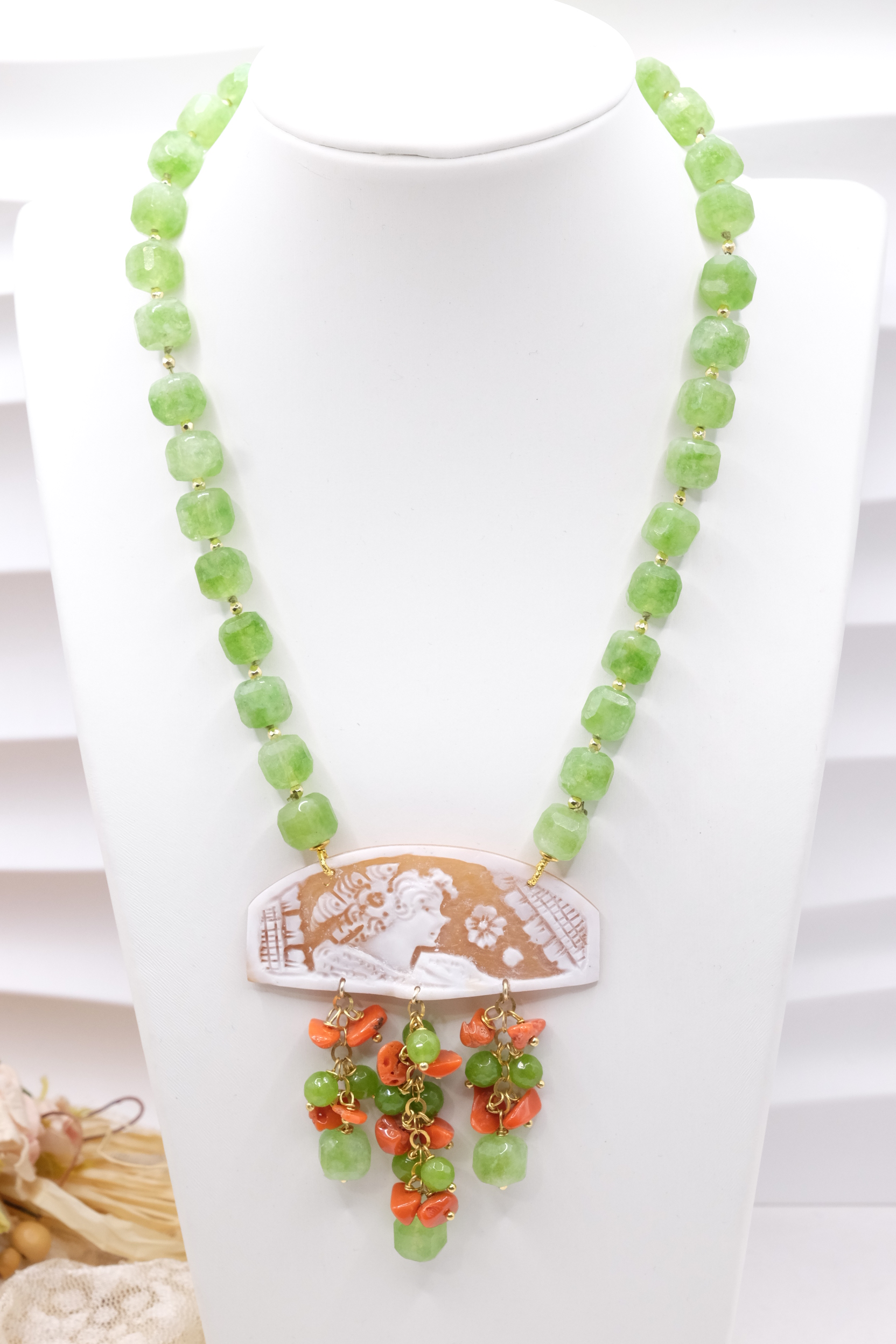 COLLANA ARTIGIANALE GIADA VERDE MELA CORALLO CAMMEO DI TORRE DEL GRECO ARGENTO PLACCATO ORO (7)