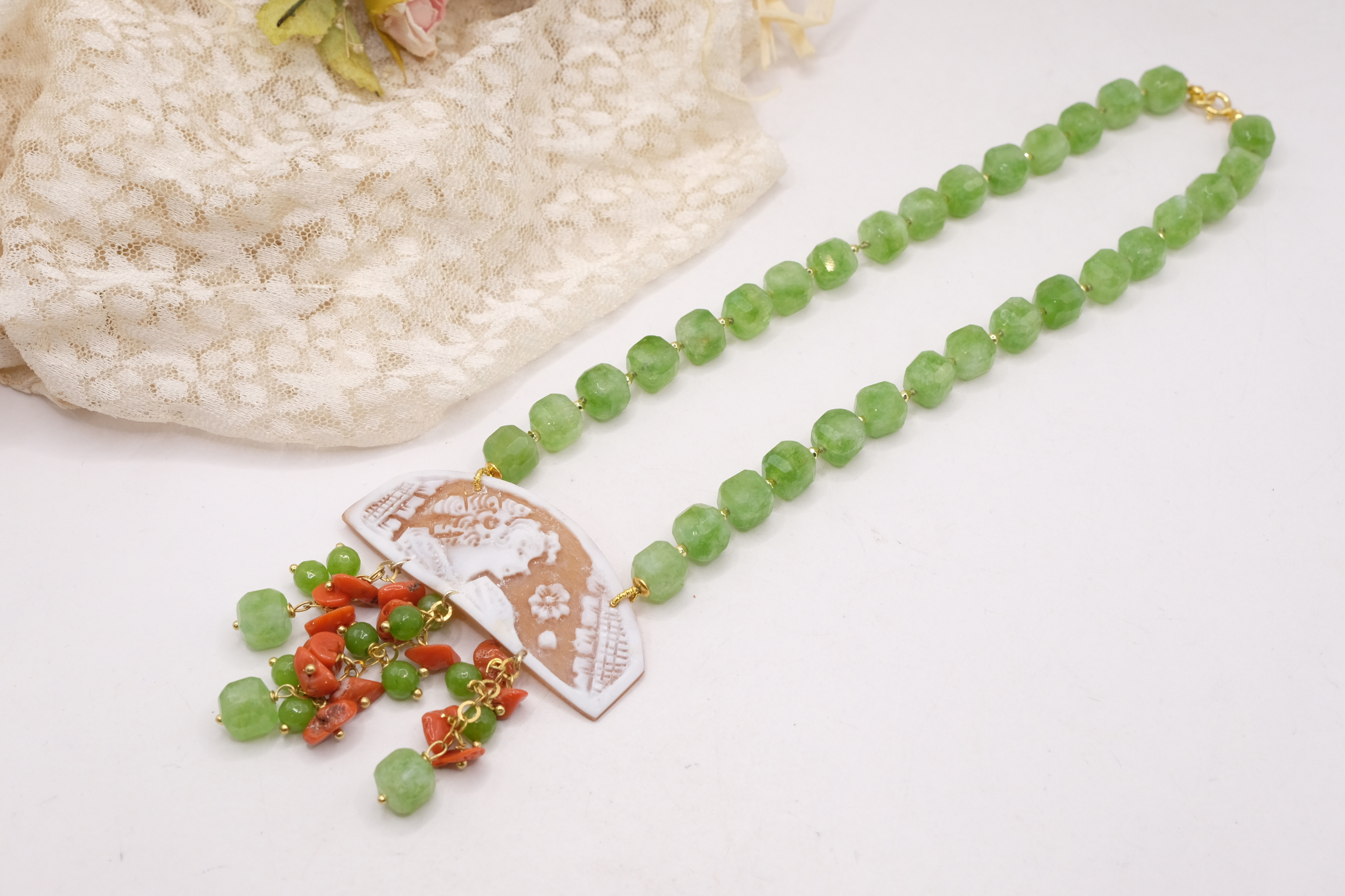 COLLANA ARTIGIANALE GIADA VERDE MELA CORALLO CAMMEO DI TORRE DEL GRECO ARGENTO PLACCATO ORO (8)