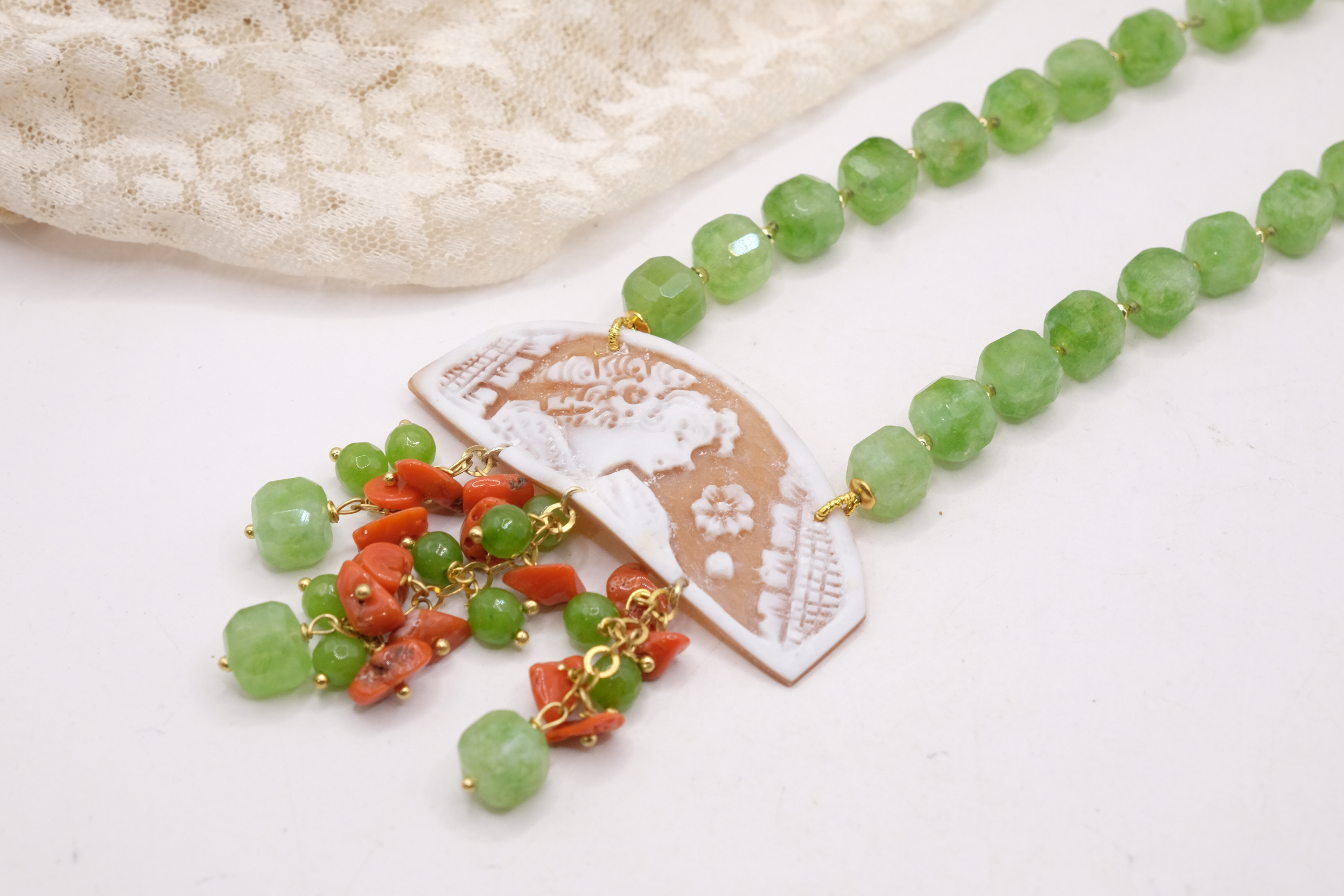 COLLANA ARTIGIANALE GIADA VERDE MELA CORALLO CAMMEO DI TORRE DEL GRECO ARGENTO PLACCATO ORO (9)