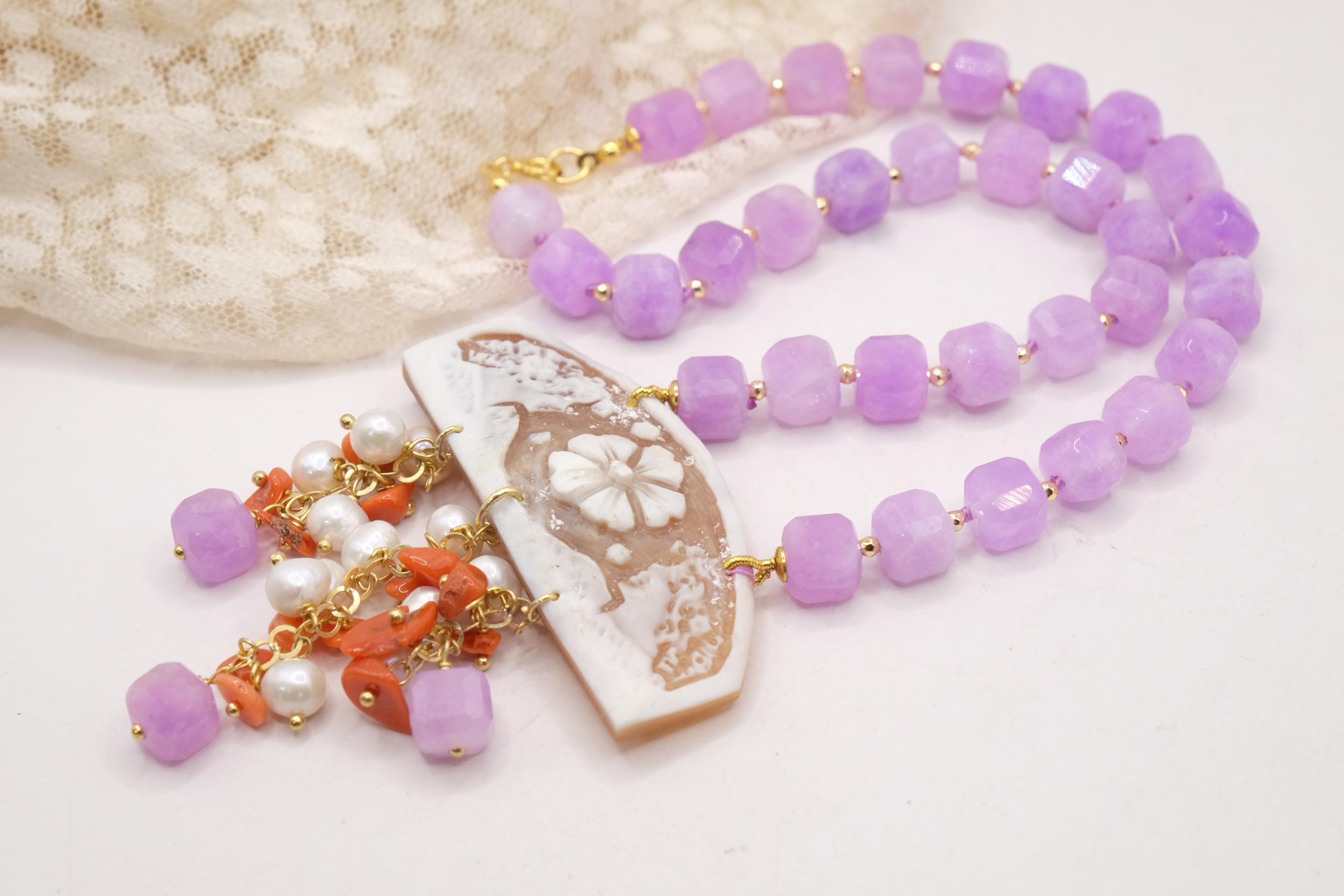 COLLANA ARTIGIANALE KUNZITE PERLE CORALLO CAMMEO DI TORRE DEL GRECO ARGENTO PLACCATO ORO (1)