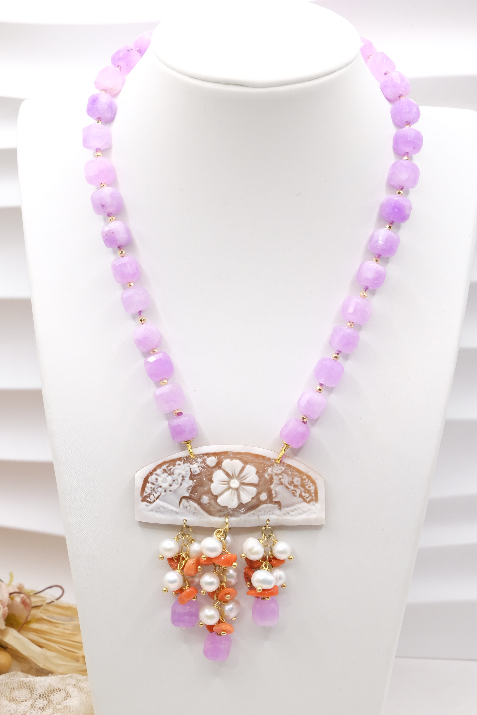 COLLANA ARTIGIANALE KUNZITE PERLE CORALLO CAMMEO DI TORRE DEL GRECO ARGENTO PLACCATO ORO (2)