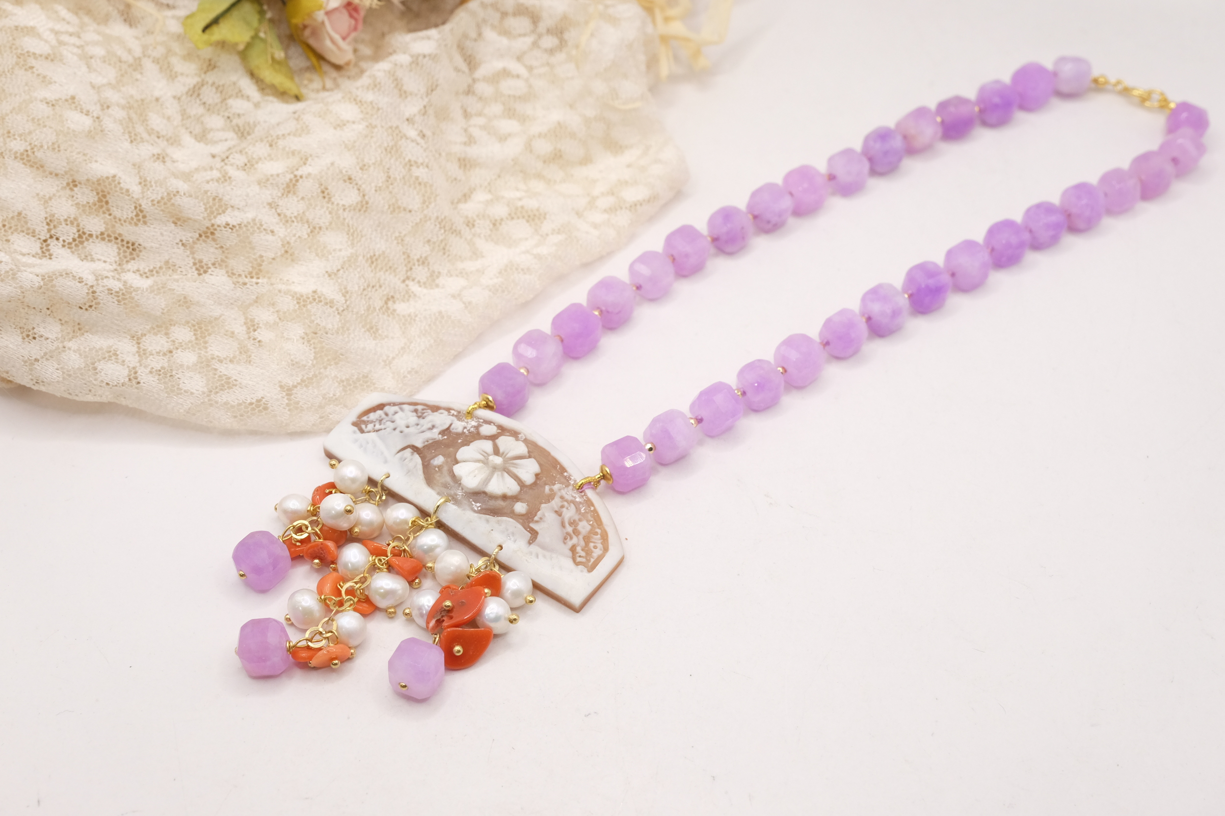 COLLANA ARTIGIANALE KUNZITE PERLE CORALLO CAMMEO DI TORRE DEL GRECO ARGENTO PLACCATO ORO (3)