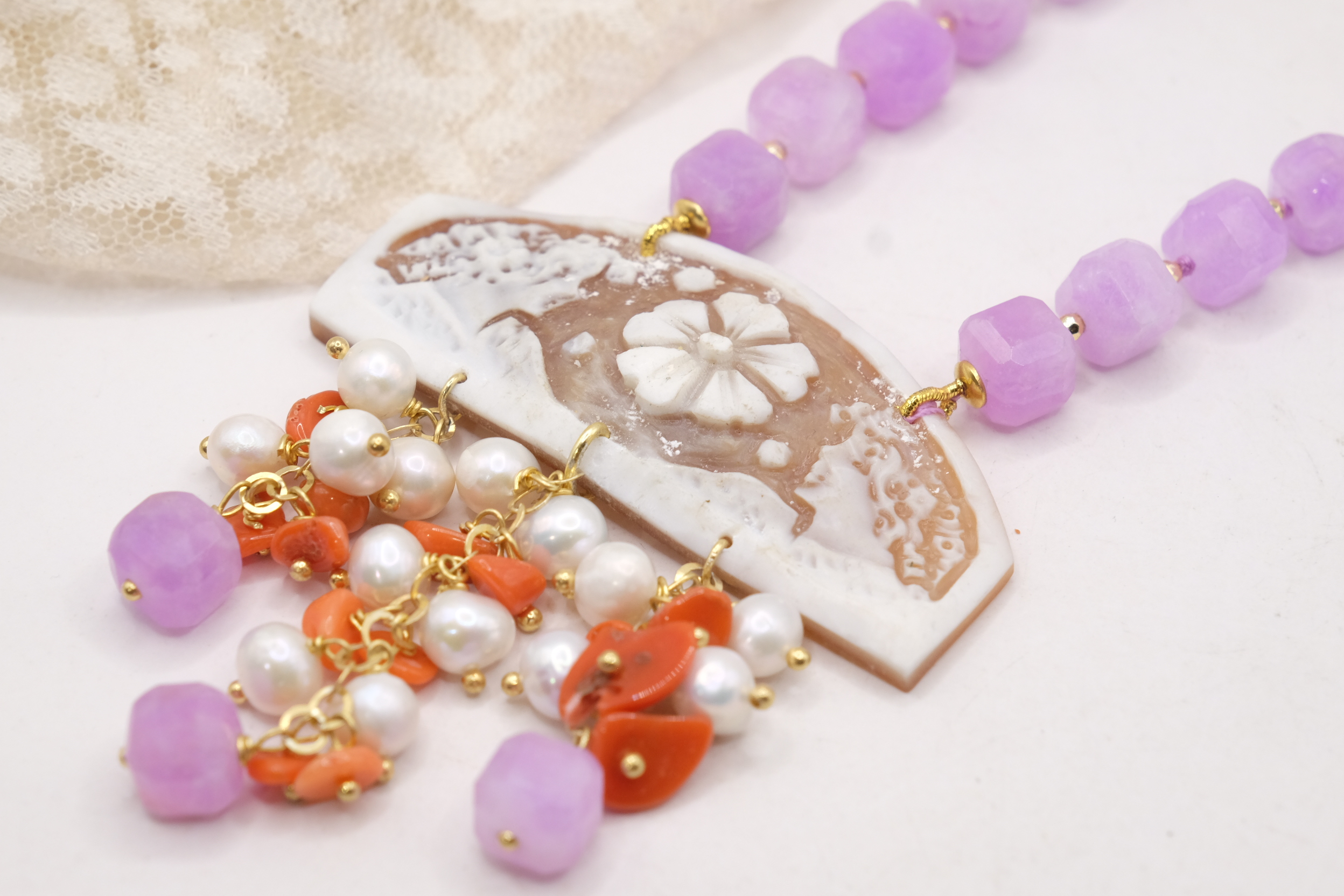 COLLANA ARTIGIANALE KUNZITE PERLE CORALLO CAMMEO DI TORRE DEL GRECO ARGENTO PLACCATO ORO (4)