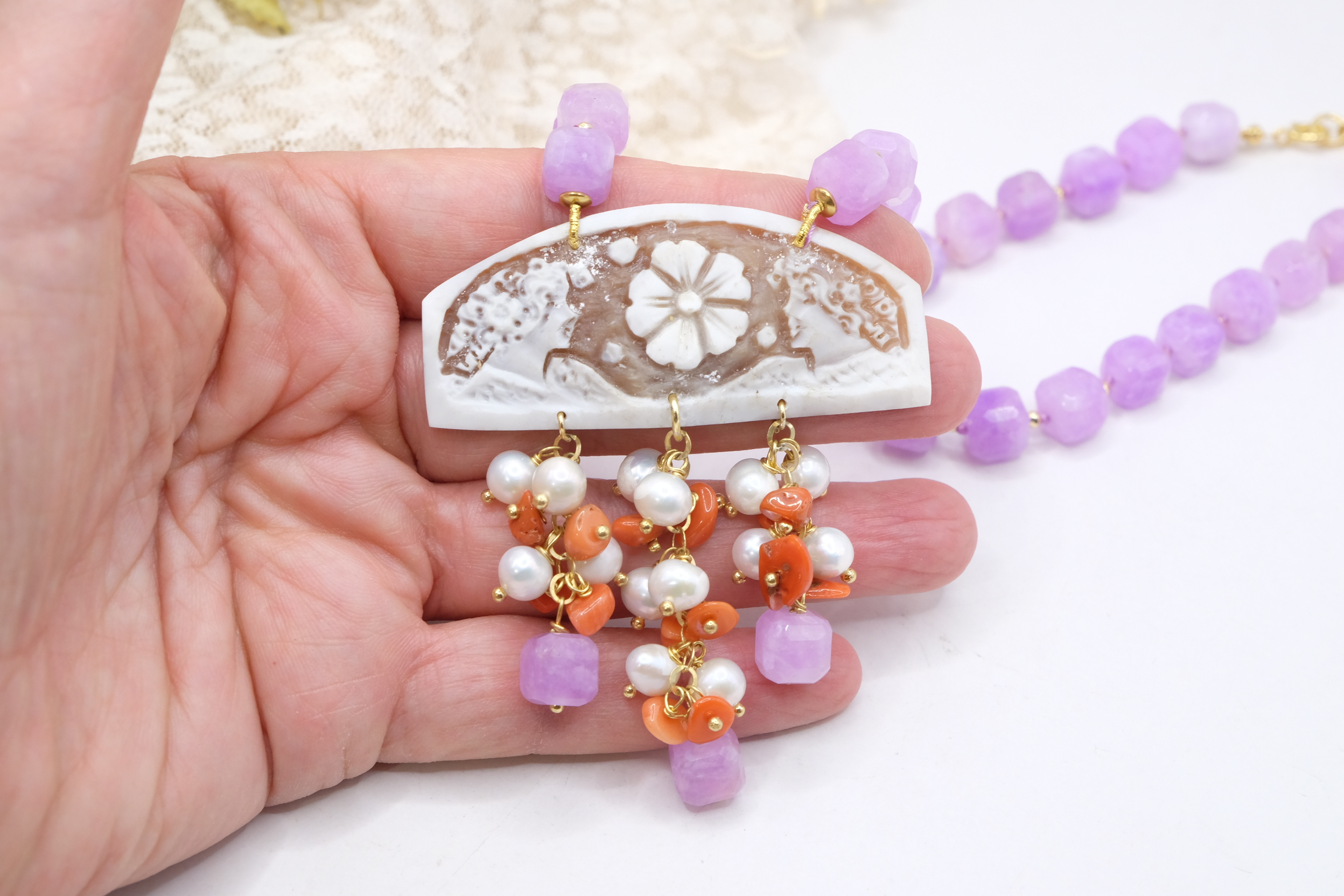 COLLANA ARTIGIANALE KUNZITE PERLE CORALLO CAMMEO DI TORRE DEL GRECO ARGENTO PLACCATO ORO (5)
