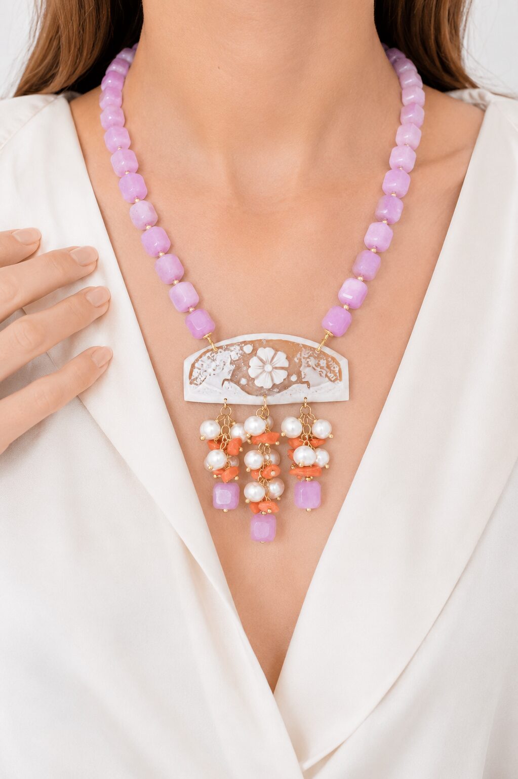 COLLANA ARTIGIANALE KUNZITE PERLE CORALLO CAMMEO DI TORRE DEL GRECO ARGENTO PLACCATO ORO