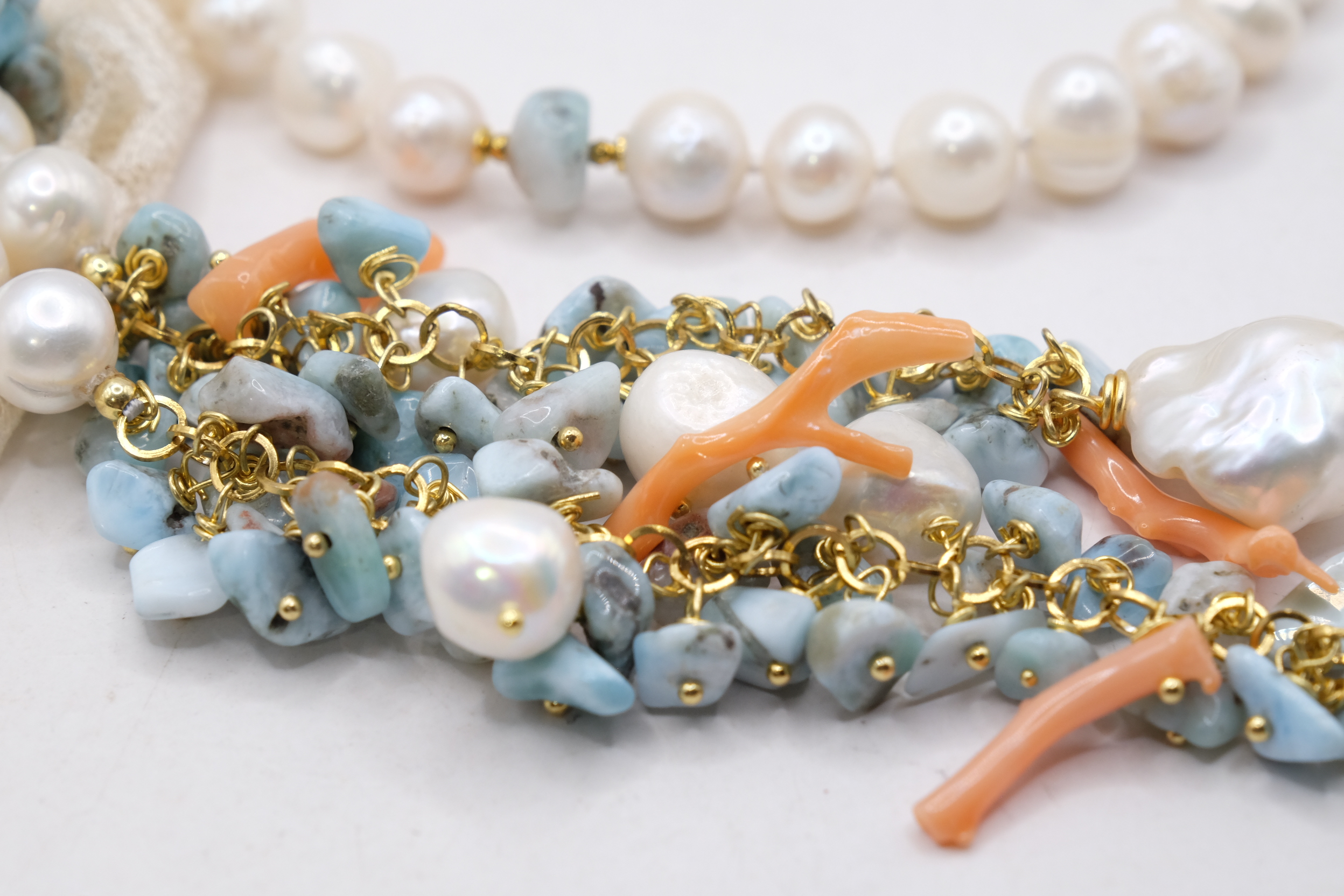 COLLANA ARTIGIANALE LARIAT PERLE LARIMAR CORALLO (1)