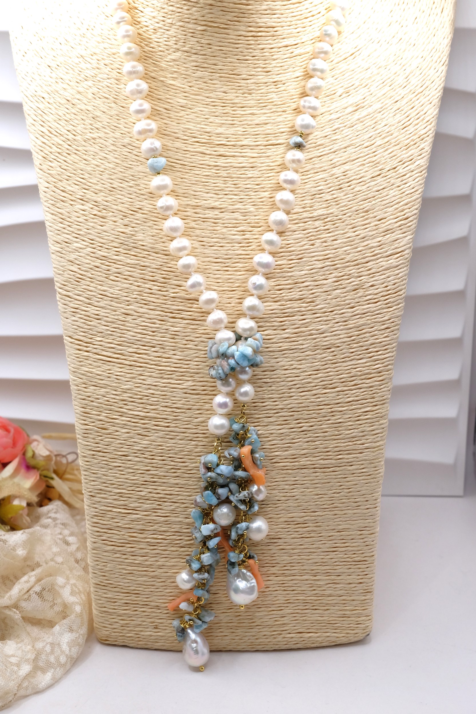 COLLANA ARTIGIANALE LARIAT PERLE LARIMAR CORALLO (2)