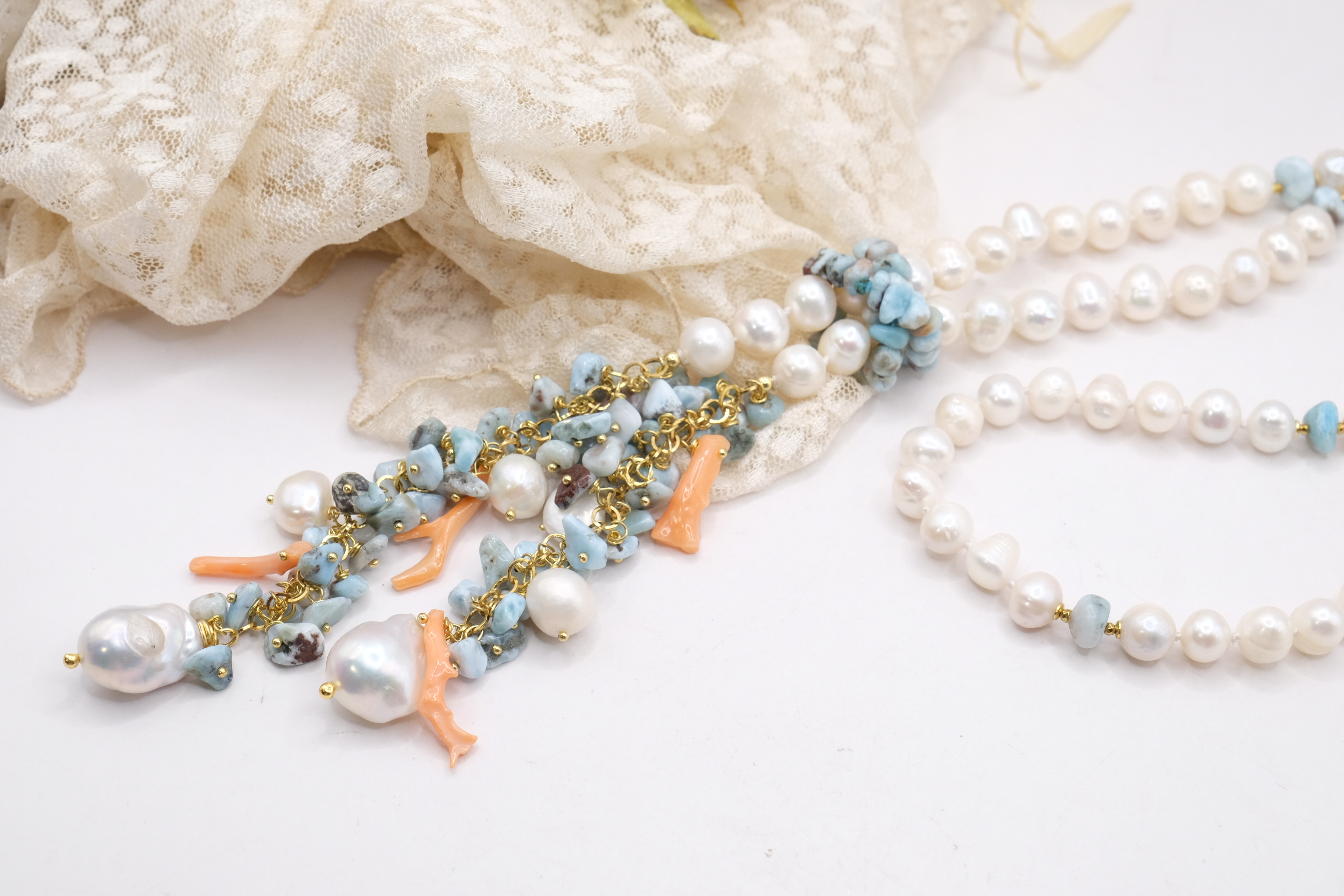 COLLANA ARTIGIANALE LARIAT PERLE LARIMAR CORALLO (3)