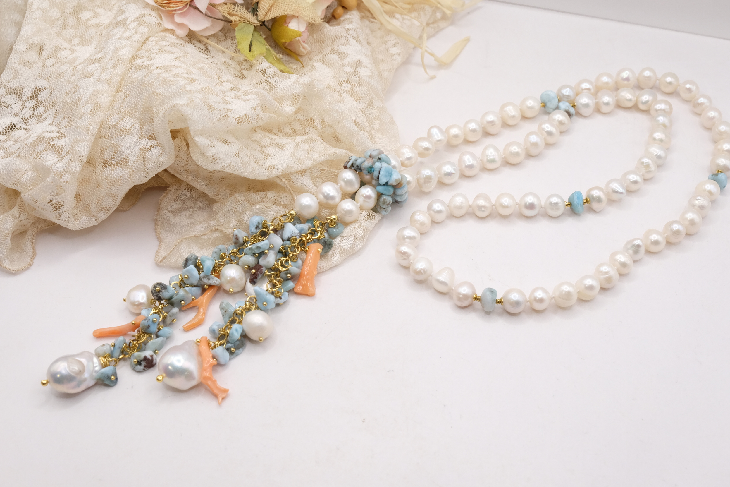 COLLANA ARTIGIANALE LARIAT PERLE LARIMAR CORALLO (4)